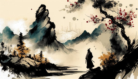 Ink painting Chinese classical Tang poetry style backgroundの写真素材