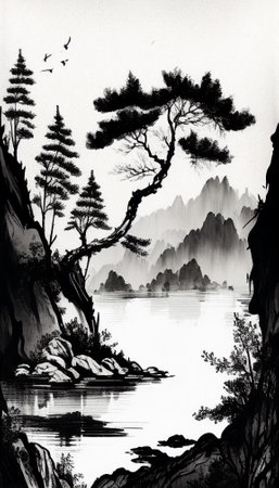 Ink painting in the style of classical Chinese landscape paintの写真素材