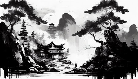 Ink painting in the style of classical Chinese landscape paintの写真素材