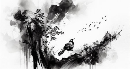 black and white ink Chinese classical Tang poetryの写真素材