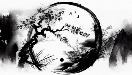 black and white ink Chinese classical Tang poetryの写真素材