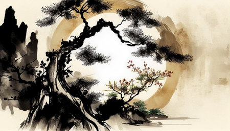 Ink painting Chinese classical Tang poetry style backgroundの写真素材