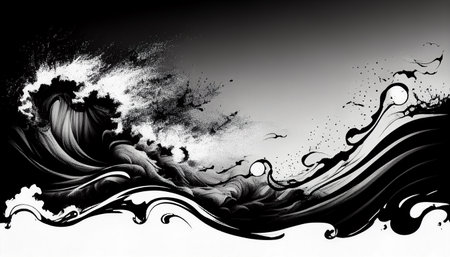 Ink texture waves soft black and white wavy backgroundの写真素材