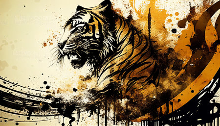 Ink texture waves tiger symbol artistic illustration backgroundの写真素材