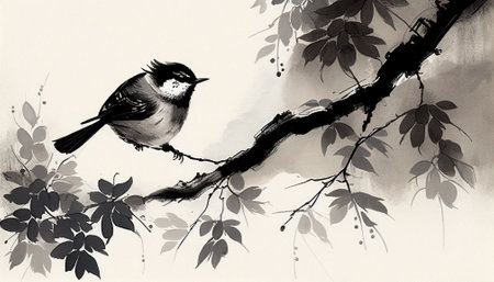 Classical Chinese ink painting bird on a branchの写真素材