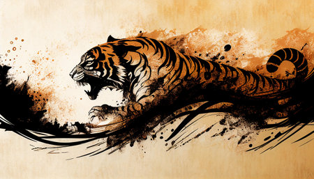 Ink texture waves tiger symbol artistic illustration backgroundの写真素材