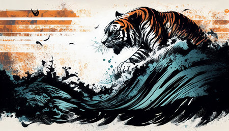 Ink texture waves tiger symbol artistic illustration backgroundの写真素材