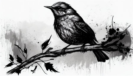 Bird on a branch ink styleの写真素材