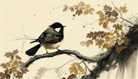 Classical Chinese ink painting bird on a branchの写真素材