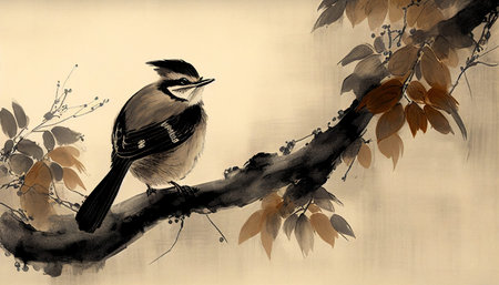 Chinese classical ink painting bird on a branchの写真素材