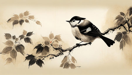 Classical Chinese ink painting bird on a branchの写真素材