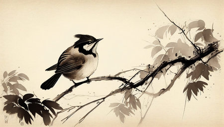 Classical Chinese ink painting bird on a branchの写真素材