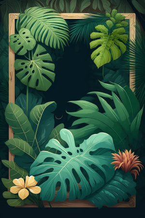 2D flat middle board surrounded by tropical plants backgroundの写真素材