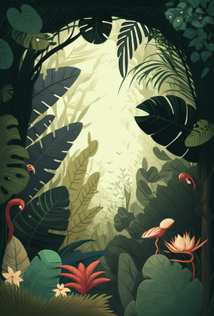 2D flat middle board surrounded by tropical plants backgroundの写真素材