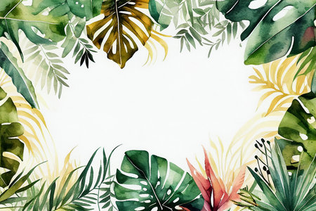 Watercolor Tropical Jungle Background Frame of Palm Tree Leavesの写真素材
