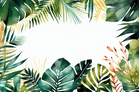 Watercolor Tropical Jungle Background Frame of Palm Tree Leavesの写真素材