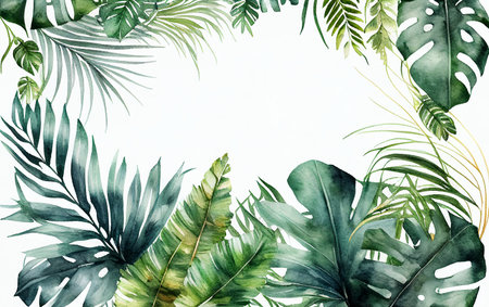 Watercolor Tropical Jungle Background Frame of Palm Tree Leavesの写真素材
