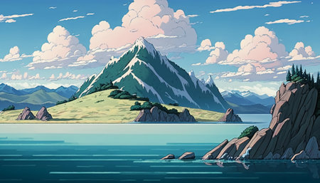 animation illustration a distant mountain range and waterの写真素材