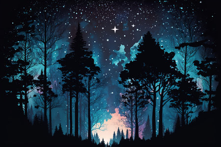 night sky forest background illustrationの写真素材