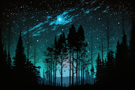 night sky forest background illustrationの写真素材