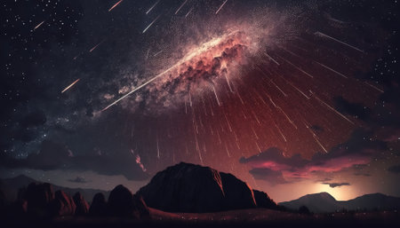 Beautiful meteor shower in the night skyの写真素材