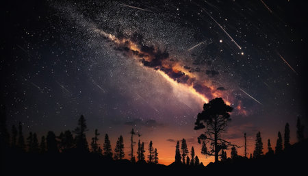 Beautiful meteor shower in the night skyの写真素材