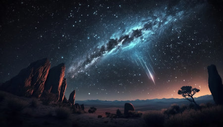 Beautiful meteor shower in the night skyの写真素材