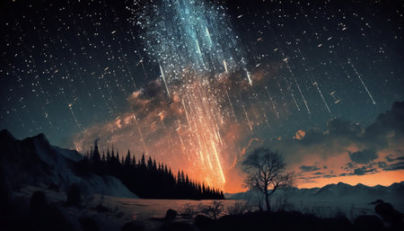 Beautiful meteor shower in the night skyの写真素材