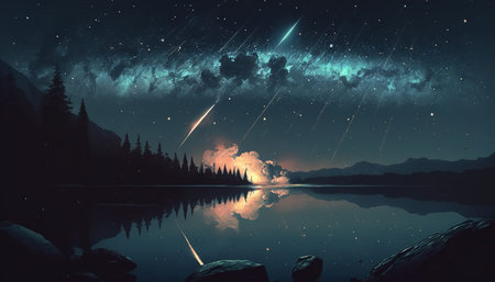 Beautiful meteor shower in the night skyの写真素材