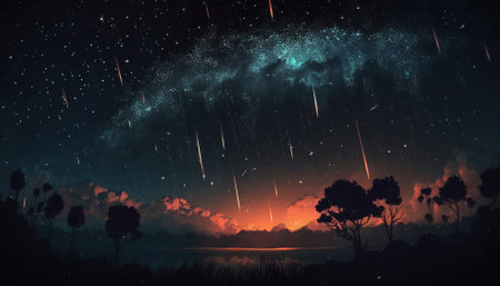 Beautiful meteor shower in the night skyの写真素材