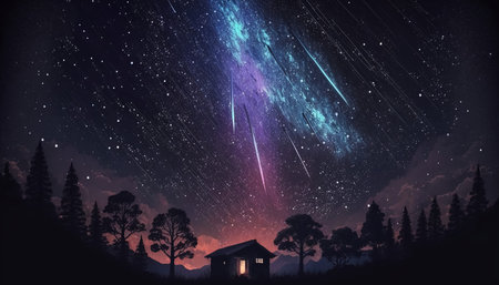 Beautiful meteor shower in the night sky