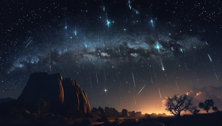 Beautiful meteor shower in the night skyの写真素材