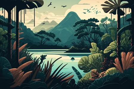 2D flat Tropical forest and lake backgroundの写真素材