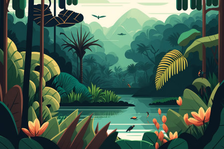 2D flat Tropical forest and lake backgroundの写真素材