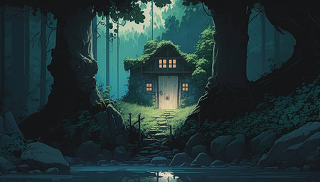 Animated Illustration Forest Water and a Door Studio Ghibliの写真素材