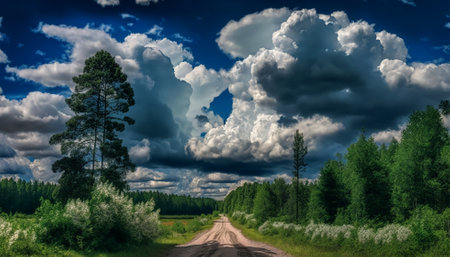 Forest road pure sky and cloudsの写真素材