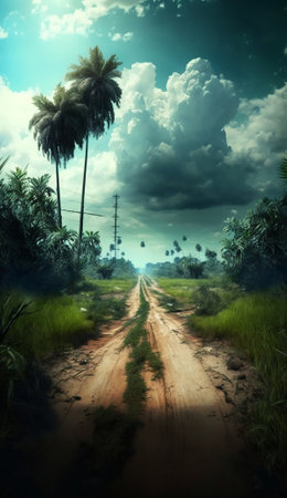 The jungle roads of ancient times the pure sky and cloudsの写真素材