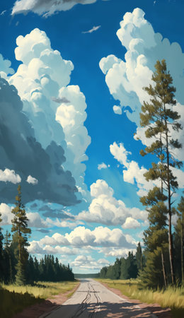 Forest road pure sky and cloudsの写真素材