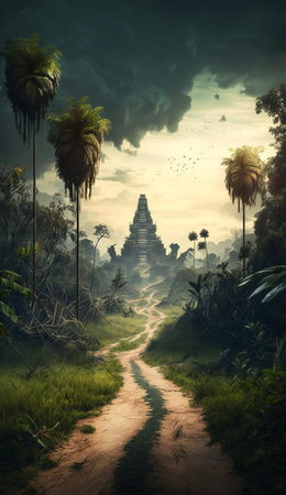 The jungle roads of ancient times the pure sky and clouds, Generative AIの素材