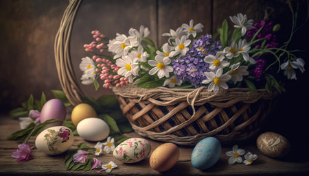 Easter eggs in a basket surrounded by flowers on vintage woodの写真素材