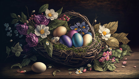 Easter eggs in a basket surrounded by flowers on vintage woodの写真素材