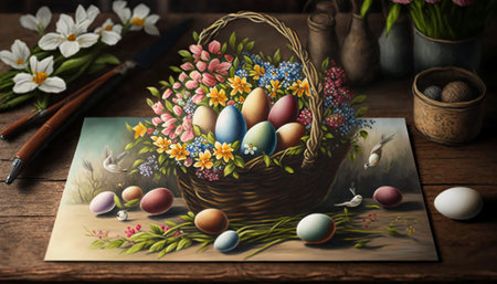 Easter eggs in a basket surrounded by flowers on vintage woodの写真素材