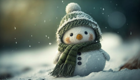 Little snowman in a cap and a scarf on snow in the winter, Generative AIの素材