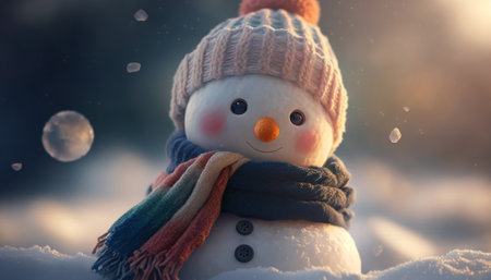Little snowman in a cap and a scarf on snow in the winter, Generative AIの素材