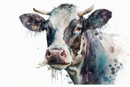 Watercolor cow illustration white backgroundの写真素材