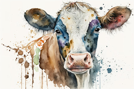 Watercolor cow illustration white backgroundの写真素材