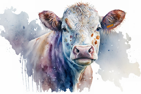 Watercolor cow illustration white backgroundの写真素材