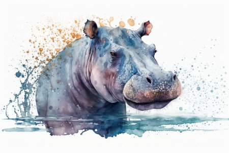 Watercolor hippo illustration white backgroundの写真素材
