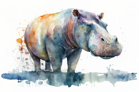 Watercolor hippo illustration white backgroundの写真素材