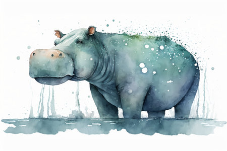 Watercolor hippo illustration white backgroundの写真素材